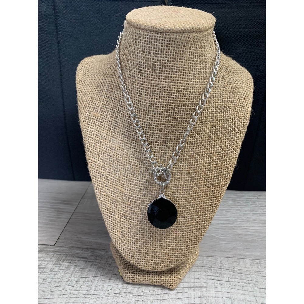 Silver Tone Toggle Clasp Necklace with Large Faceted Black Crystal Pendant